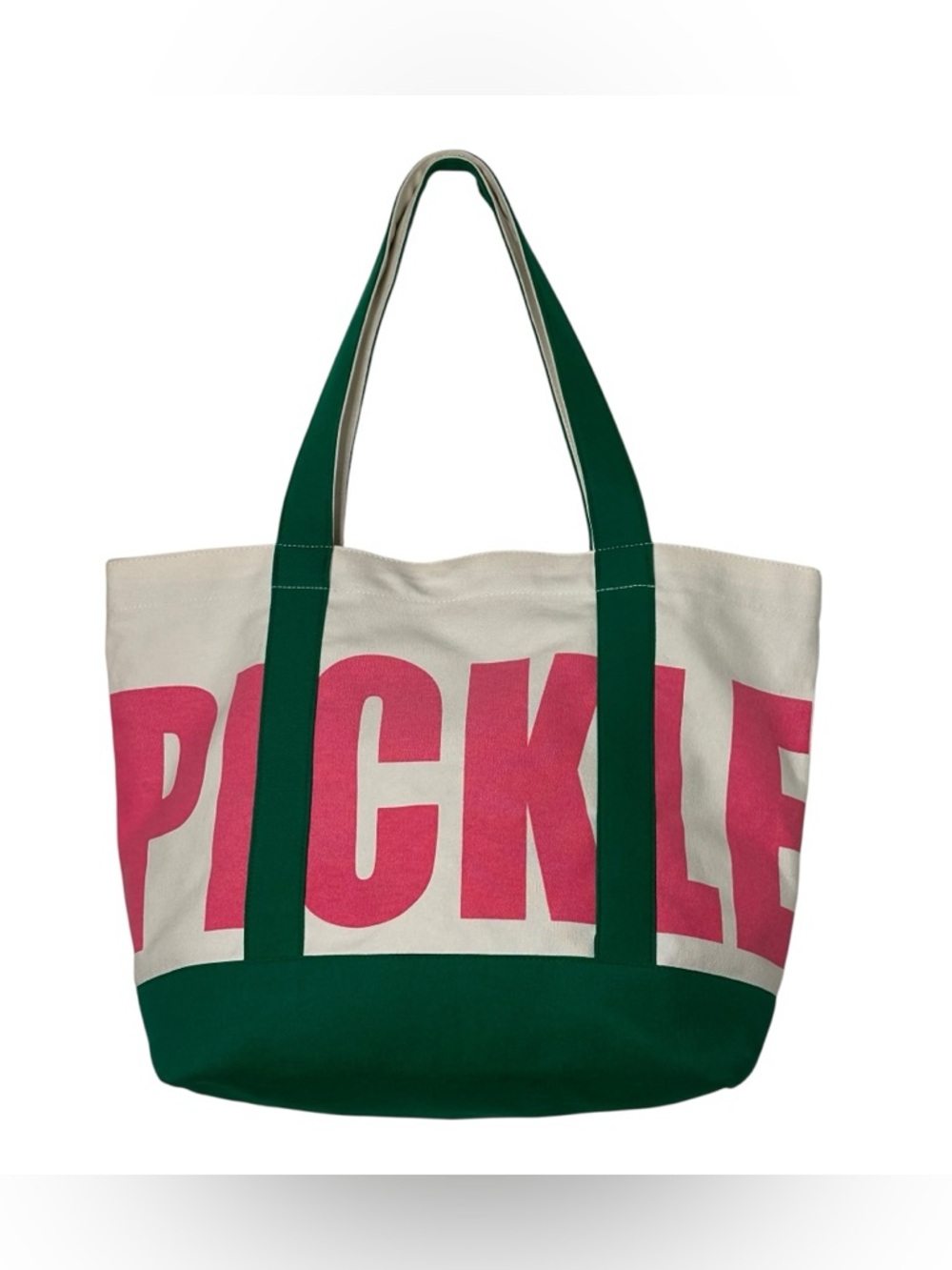 Shiraleah “Pickle” Canvas Tote Bag with Pink 'PICKLE' Print and Green Straps
